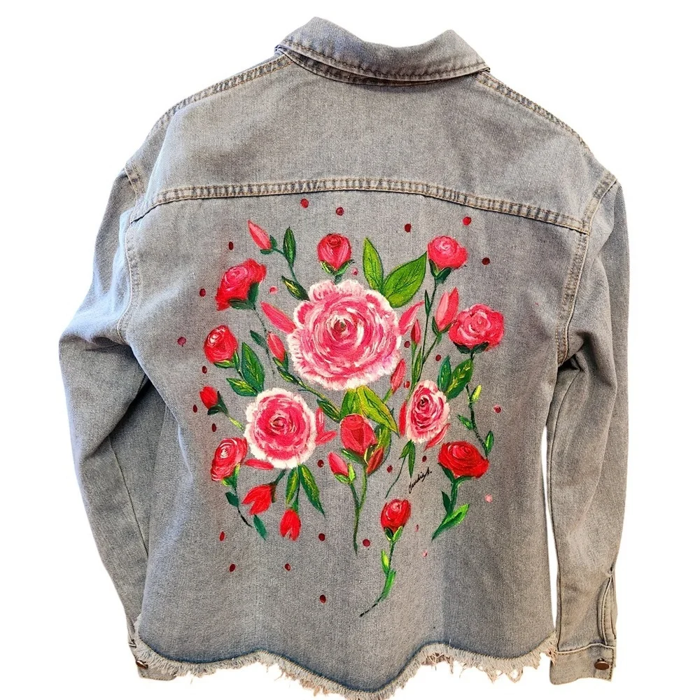 Hand-Painted, Roses Jean Jacket - Picture 1 of 4